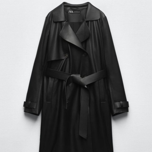 Zara black FAUX LEATHER BELTED TRENCH - Picture 1 of 5